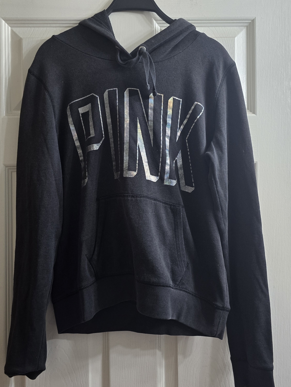 PINK Victoria's Secret Black Hooded Sweatshirt with Reflective Logo